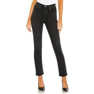 Agolde Jeans Womens 31 Riley Black Denim High Rise Crop Button Fly Dark Wash